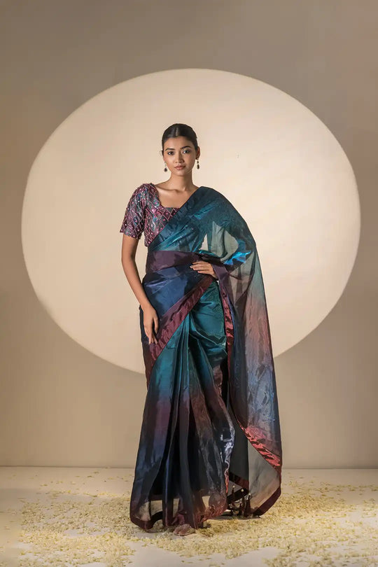 Blue Ombre Tissue Silk Pre Draped Saree