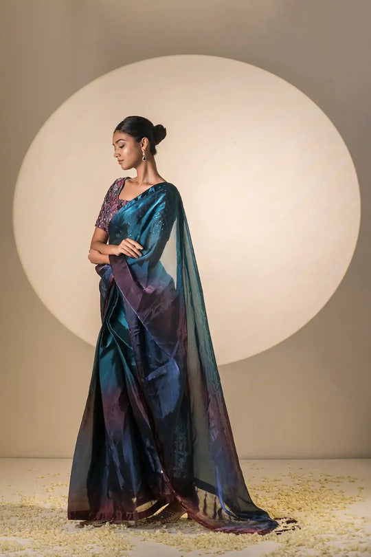 Blue Ombre Tissue Silk Pre Draped Saree