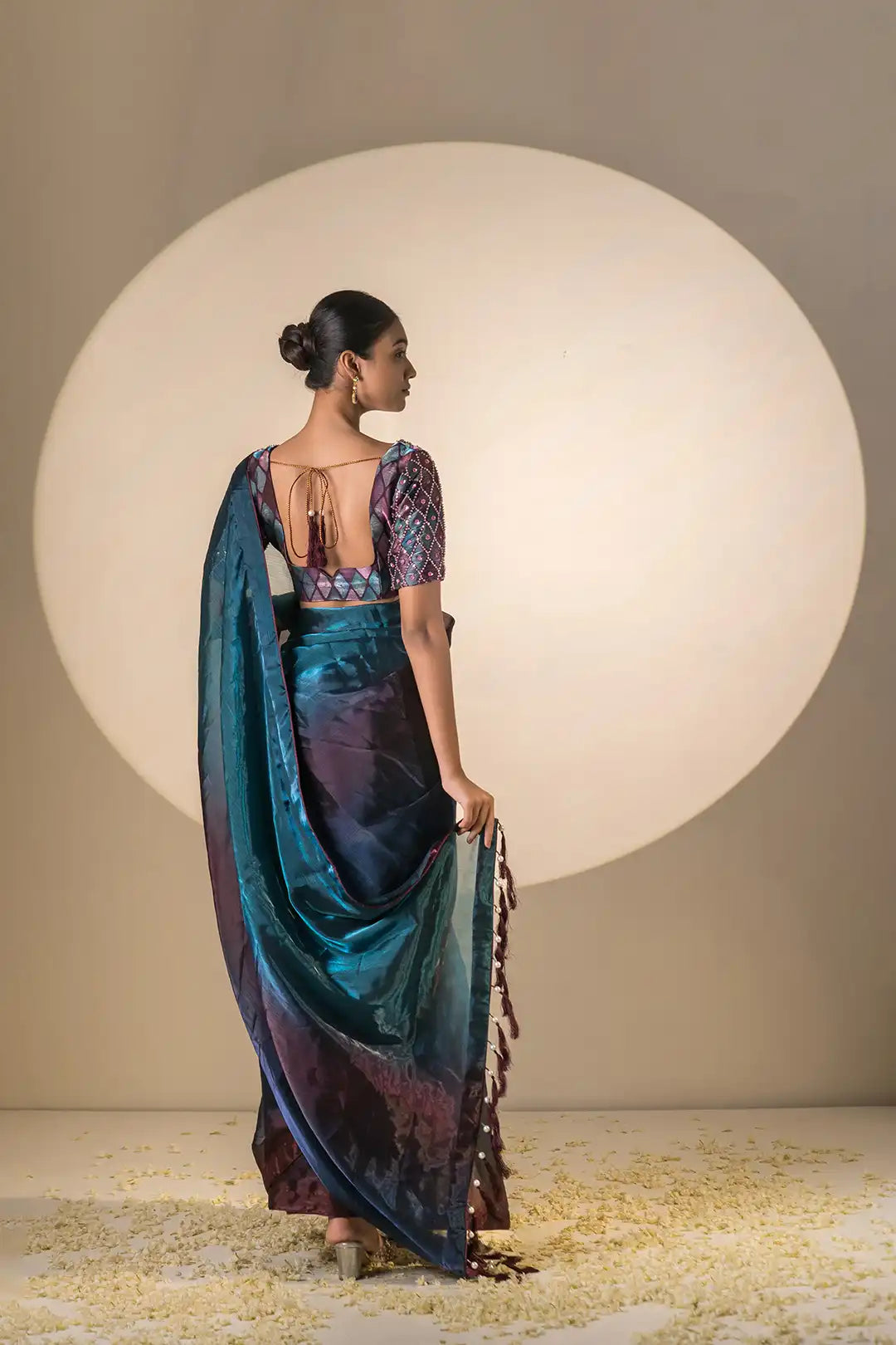 Blue Ombre Tissue Silk Pre Draped Saree