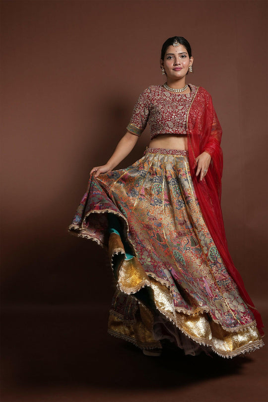 Full Gher Lehenga Georgette Embroidery Red & Teel Madhubani