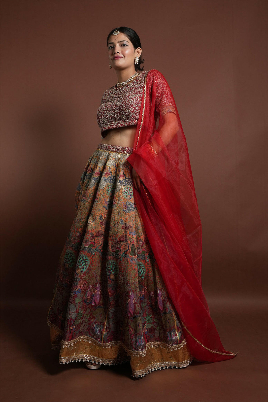 Full Gher Lehenga Georgette Embroidery Red & Teel Madhubani