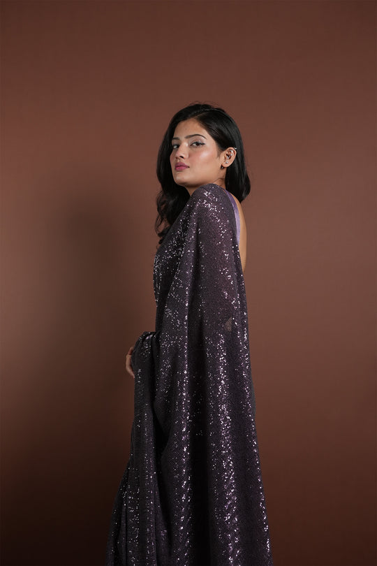 Purple Sequin Embroidered Draped Saree