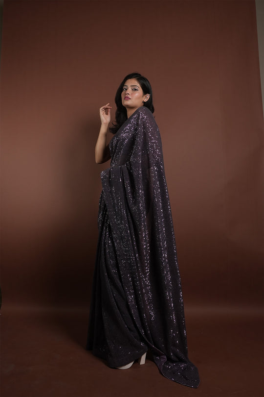 Purple Sequin Embroidered Draped Saree