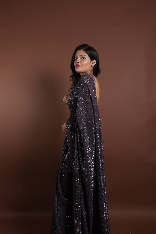 Purple Sequin Embroidered Draped Saree