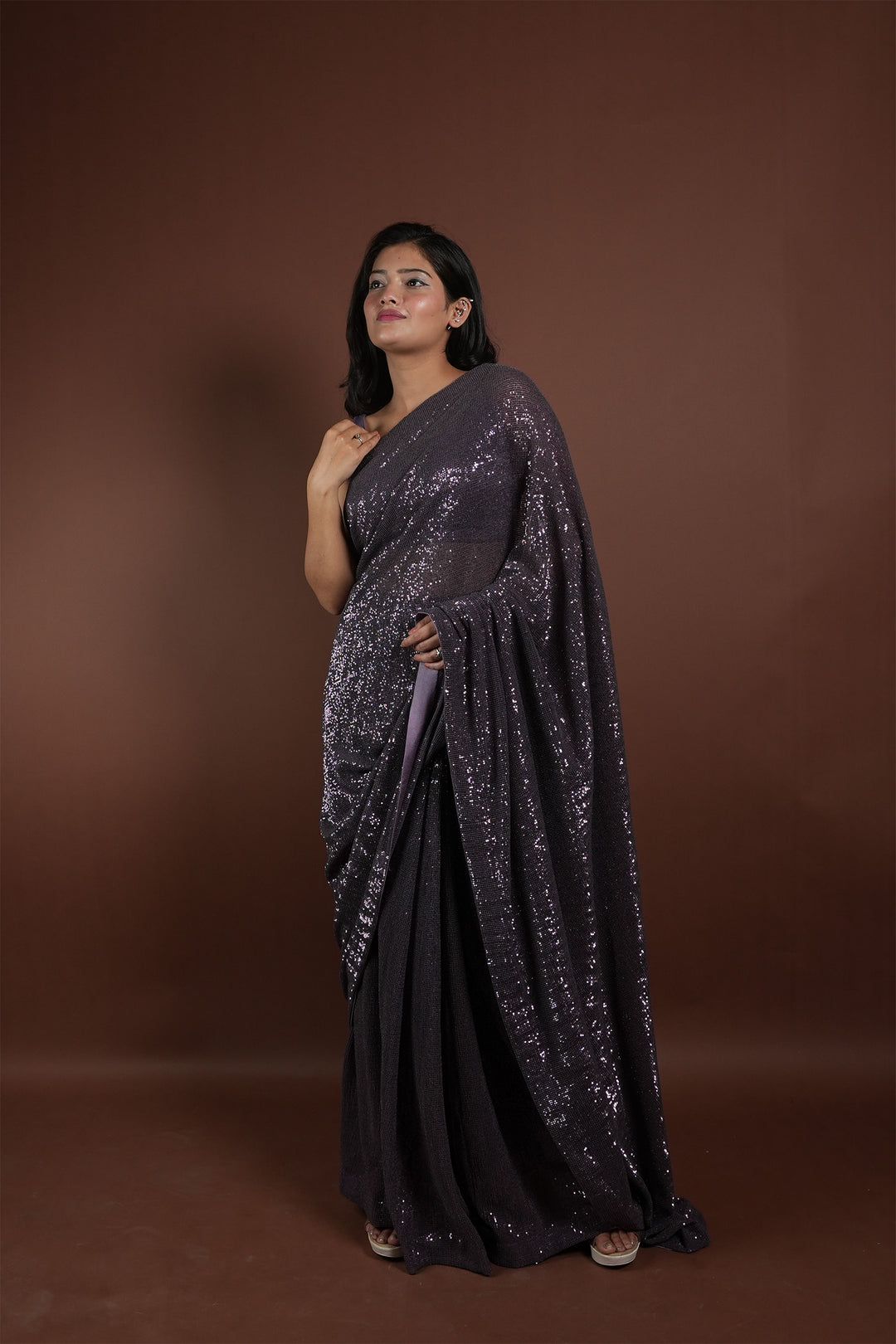 Purple Sequin Embroidered Draped Saree