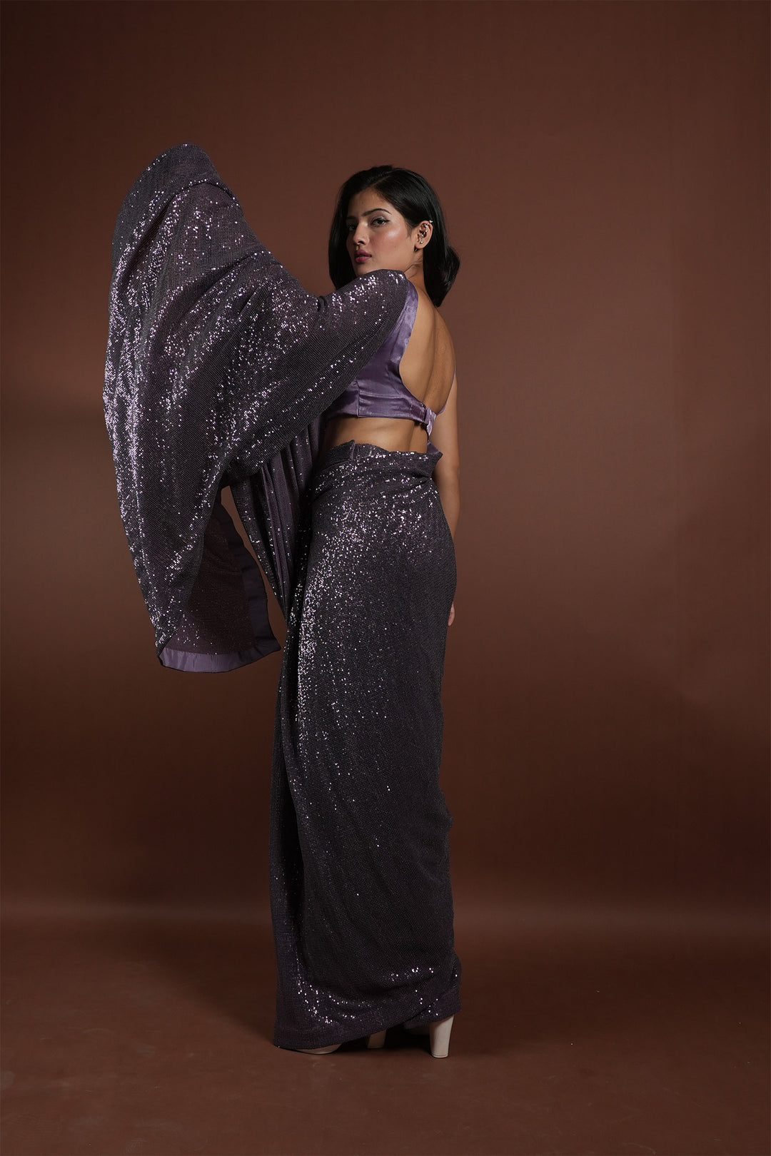 Purple Sequin Embroidered Draped Saree