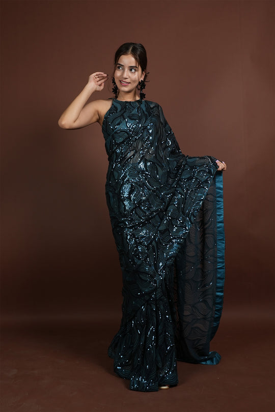 Teel Draped Sequin Embroidered  Peacock Saree