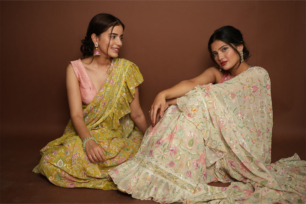 Designer Frill Draped Saree With Pure Silk Blouse