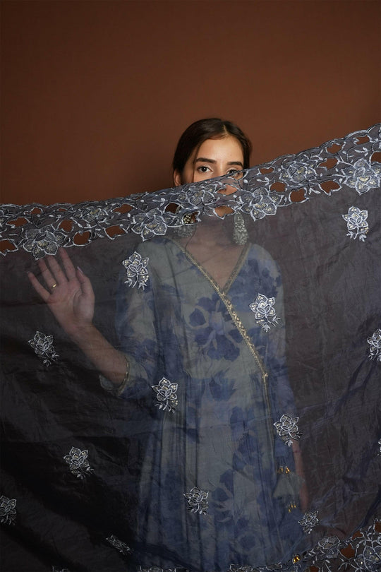 Grey Muslin Embroidered Angrakha Suit