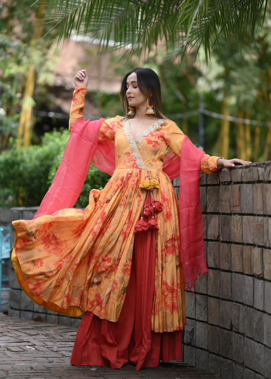 Yellow And Orange Muslin Embroidered Angrakha Suit