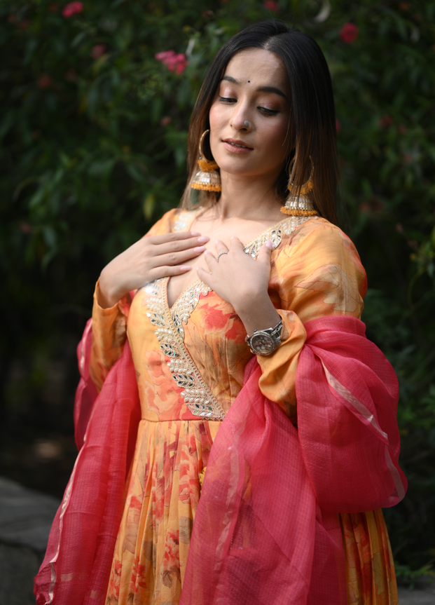 Yellow And Orange Muslin Embroidered Angrakha Suit