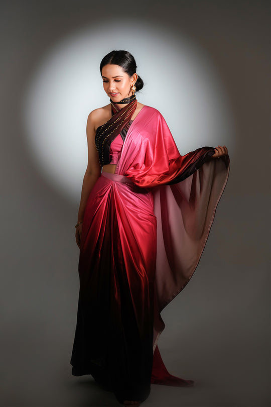 Pink Ombre Satin Pre Draped Saree with Cut Sleeves Blouse