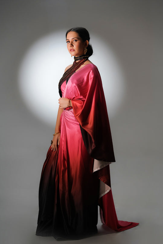 Pink Ombre Satin Pre Draped Saree with Cut Sleeves Blouse