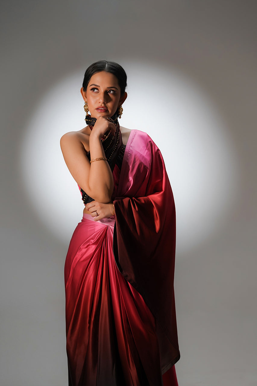 Pink Ombre Satin Pre Draped Saree with Cut Sleeves Blouse