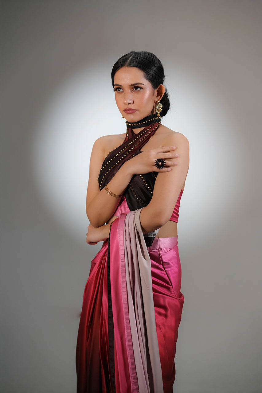 Pink Ombre Satin Pre Draped Saree with Cut Sleeves Blouse