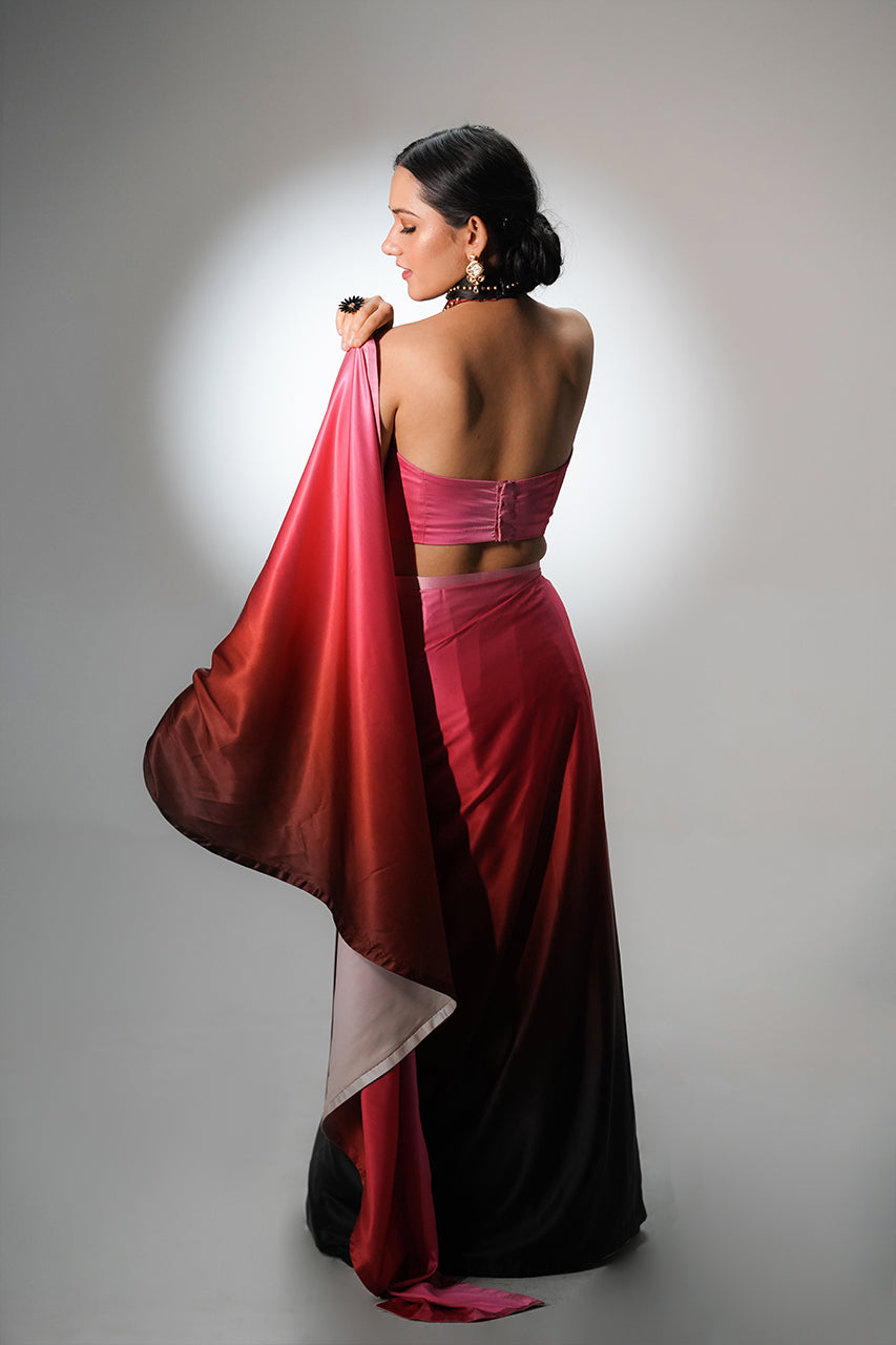 Pink Ombre Satin Pre Draped Saree with Cut Sleeves Blouse