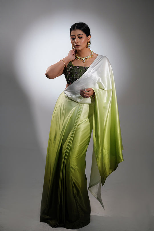 Green Ombre Satin Pre Draped Saree with Cut Sleeves Blouse