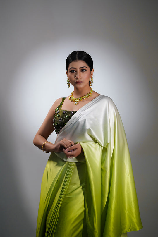 Green Ombre Satin Pre Draped Saree with Cut Sleeves Blouse