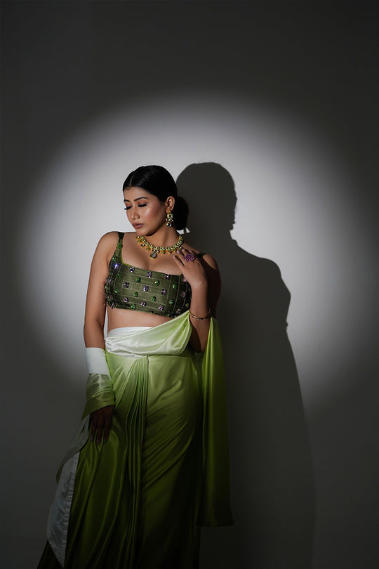 Green Ombre Satin Pre Draped Saree with Cut Sleeves Blouse