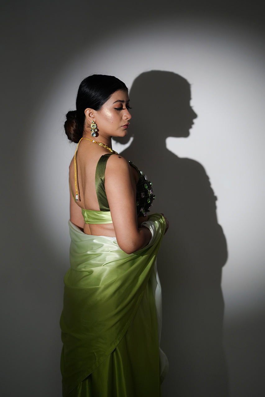 Green Ombre Satin Pre Draped Saree with Cut Sleeves Blouse