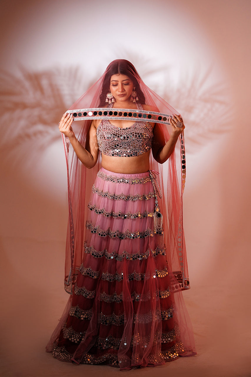 Pink Ombre 3-Piece Mirror Lehenga Set