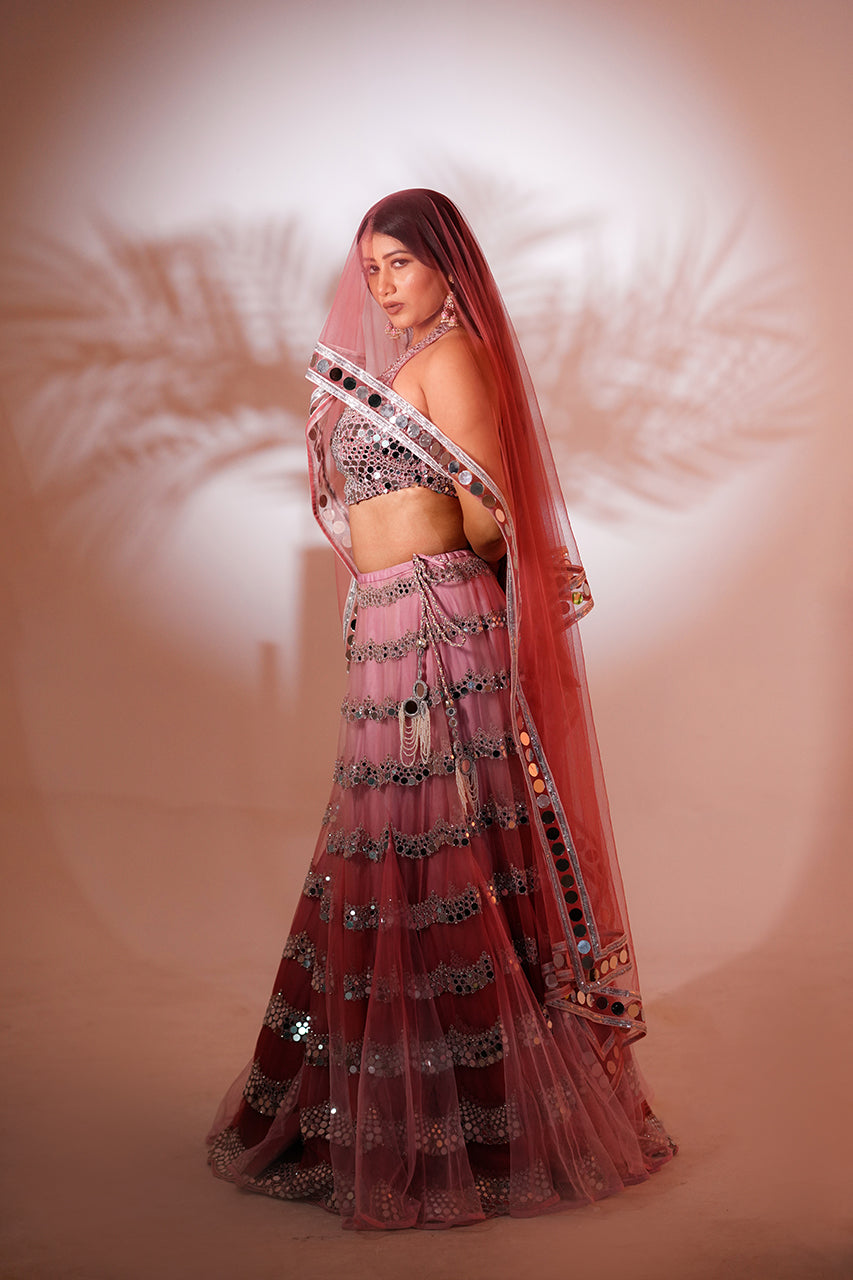 Pink Ombre 3-Piece Mirror Lehenga Set