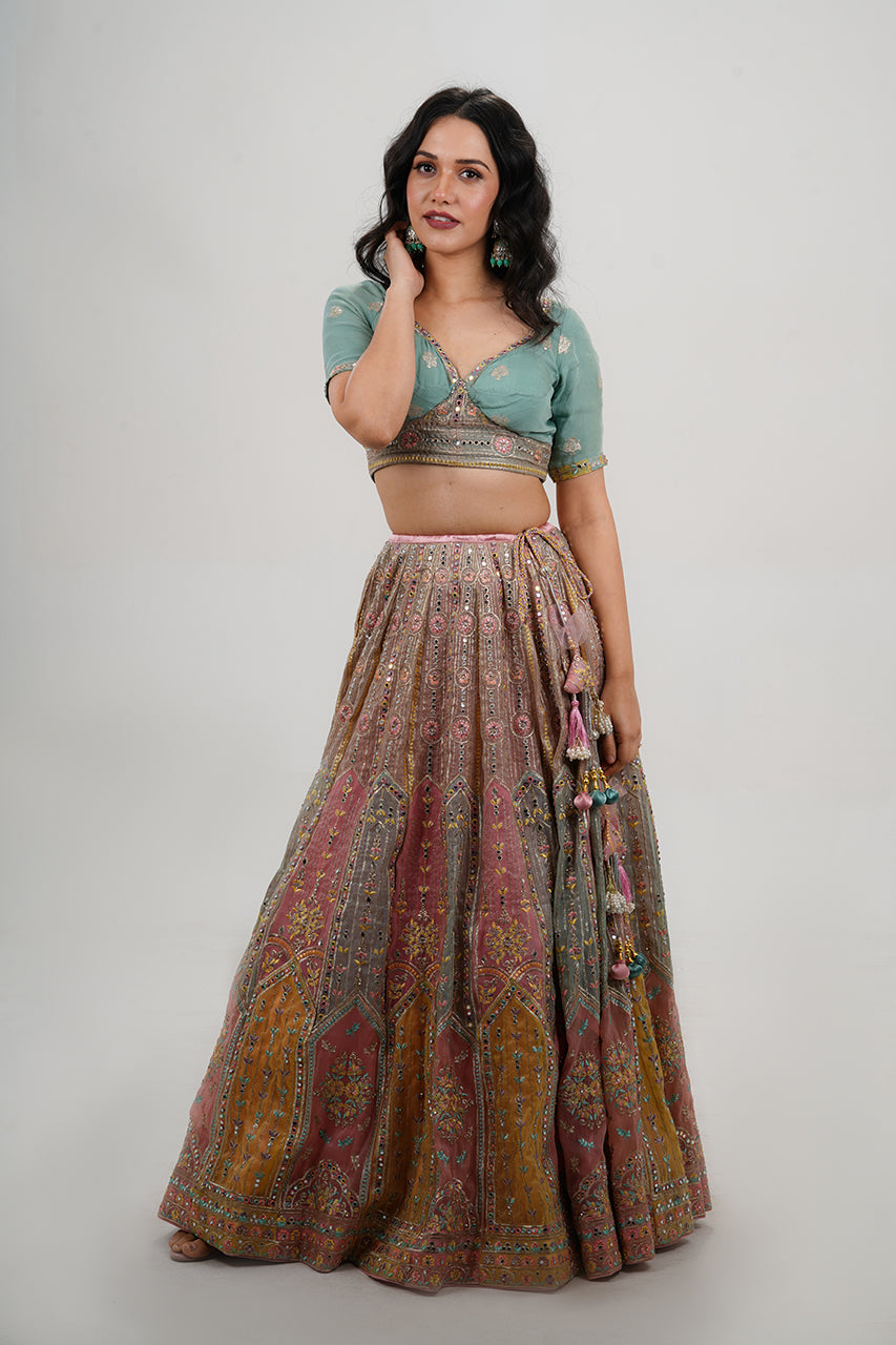 Multicolor 3-Piece Lehenga Set with Mirror Work and Embroidery