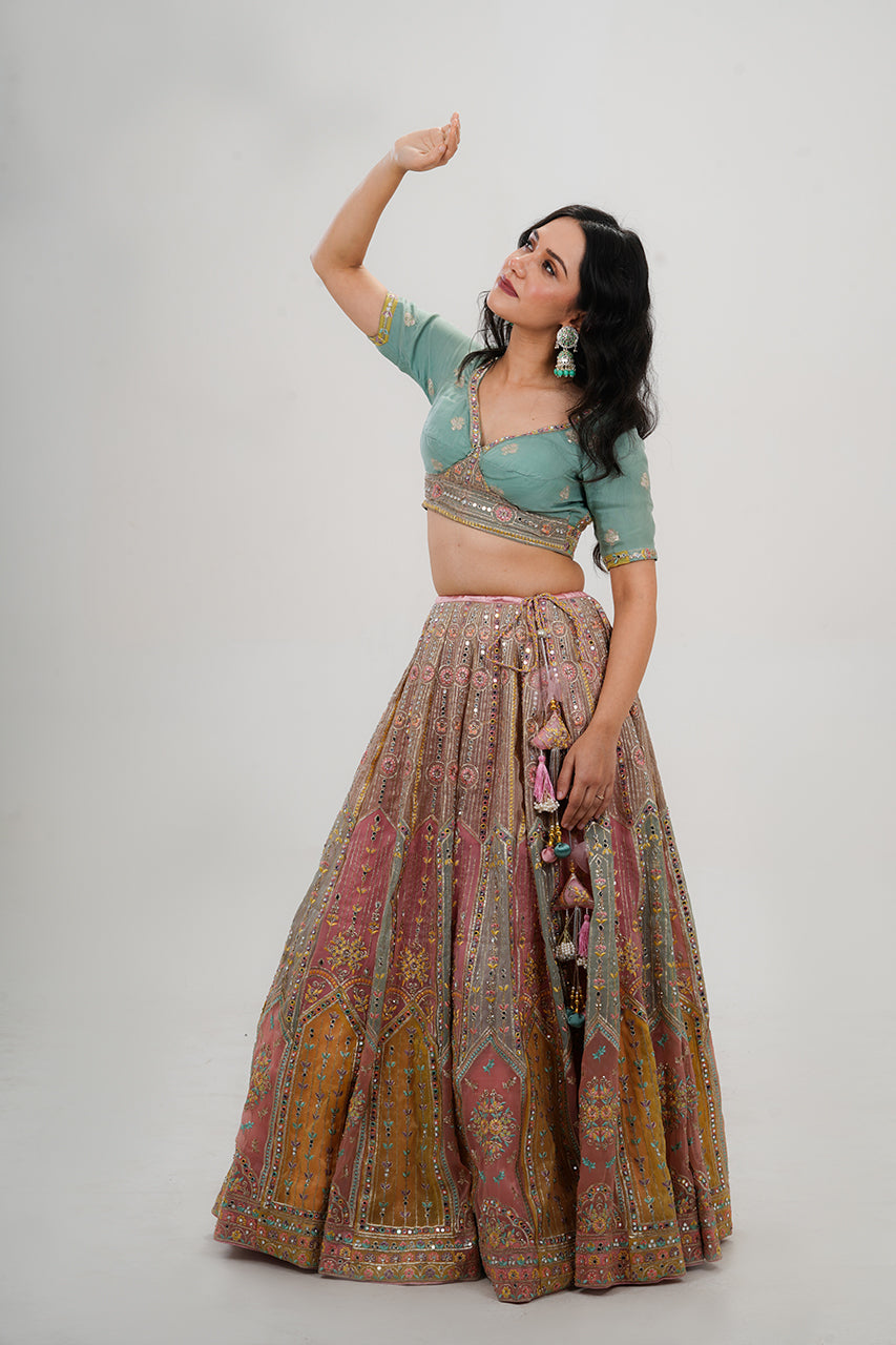 Multicolor 3-Piece Lehenga Set with Mirror Work and Embroidery