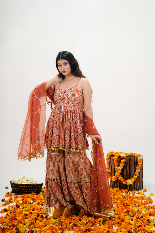 Rust Orange Sharara Set with Coin Laces and Gota