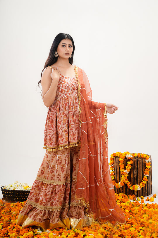 Rust Orange Sharara Set with Coin Laces and Gota