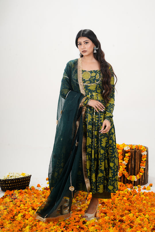 Olive Green Anarkali Suit with Sequin Embroidery