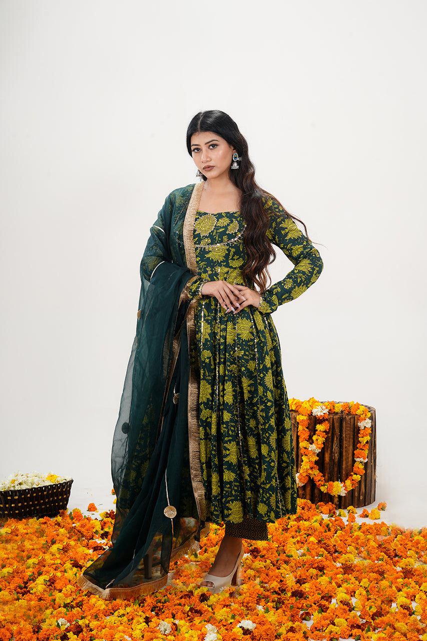 Olive Green Anarkali Suit with Sequin Embroidery