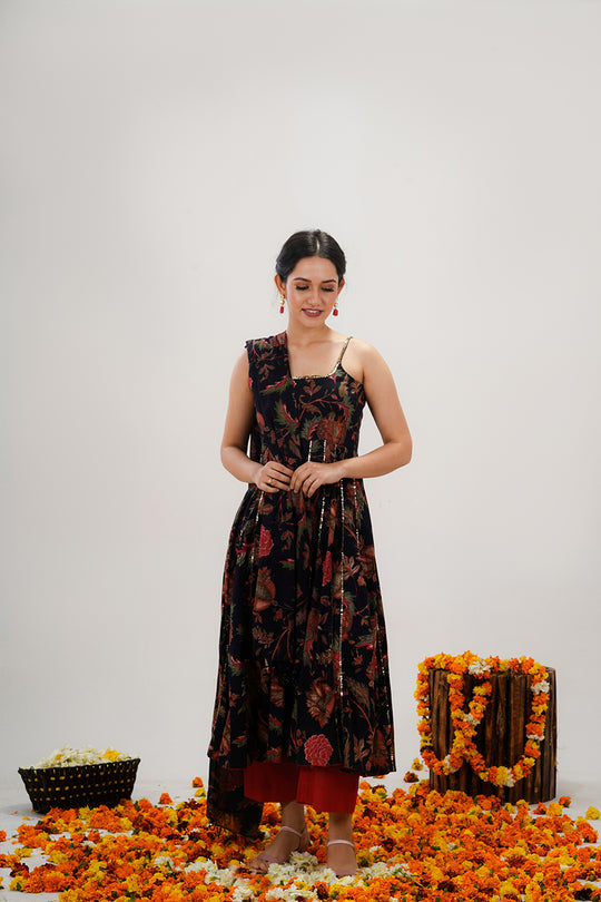 Red and Black Floral Anarkali Suit with Sequin Embroidery