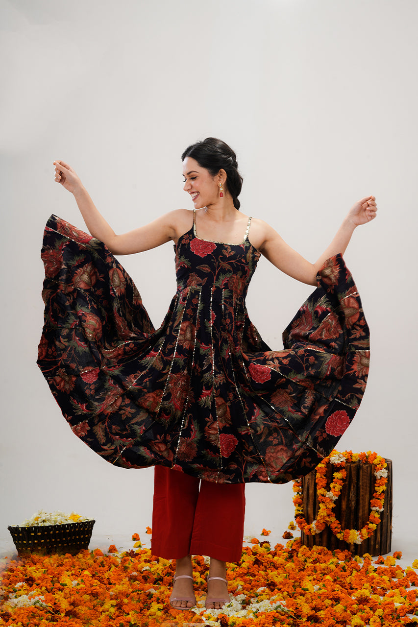 Red and Black Floral Anarkali Suit with Sequin Embroidery