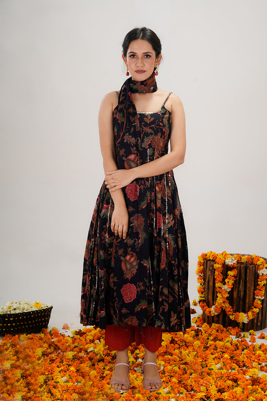 Red and Black Floral Anarkali Suit with Sequin Embroidery