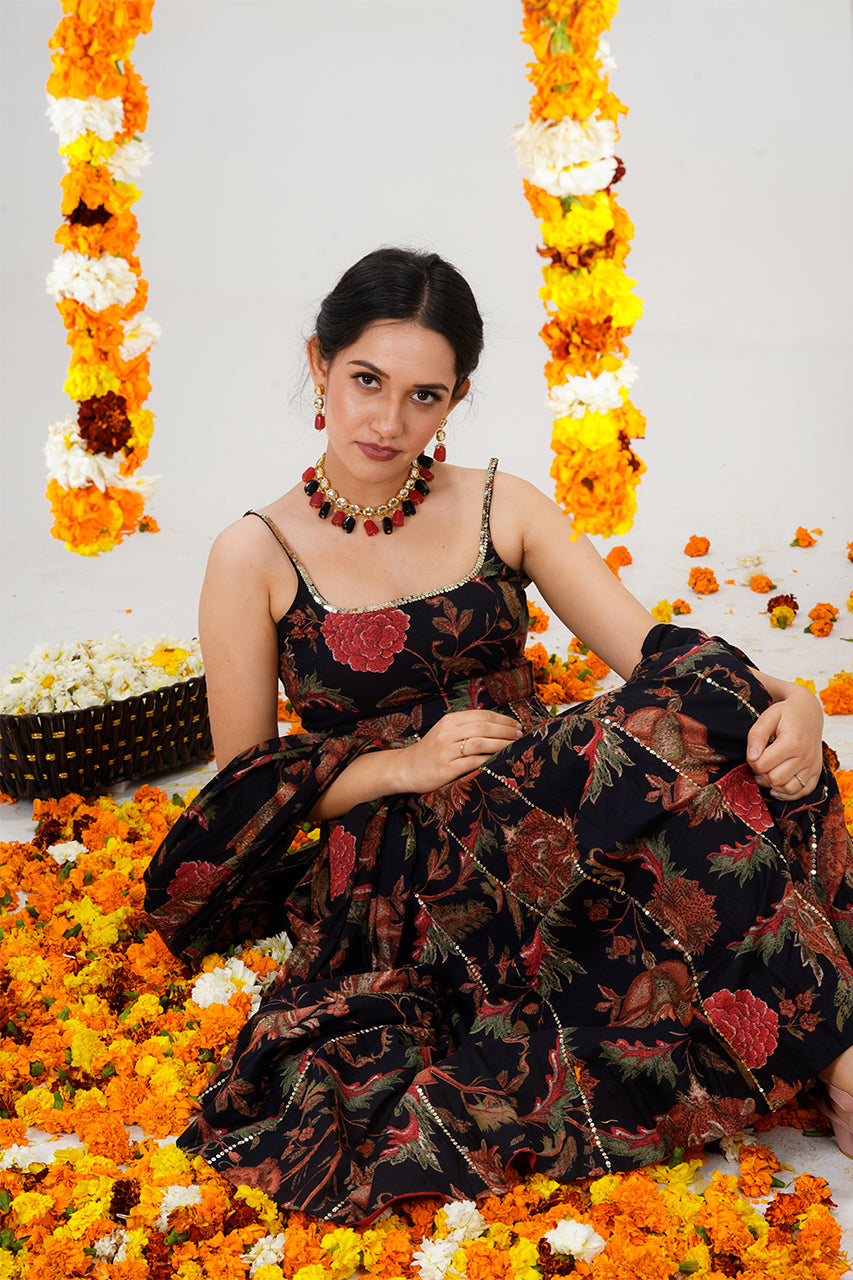 Red and Black Floral Anarkali Suit with Sequin Embroidery