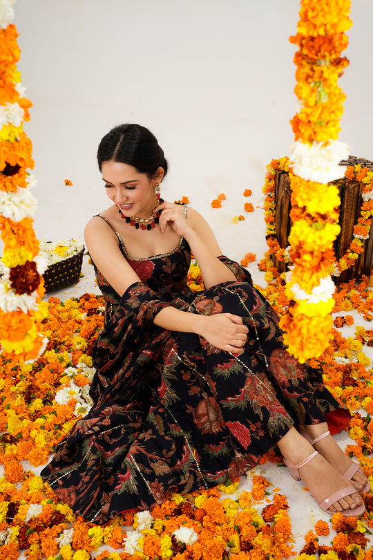 Red and Black Floral Anarkali Suit with Sequin Embroidery