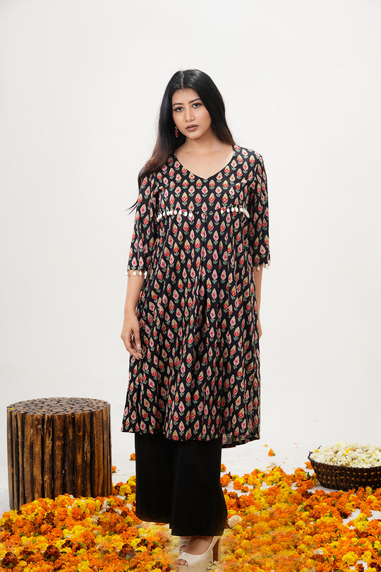 Black and Red 2-Piece Cotton Kurta Set