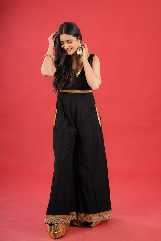 Black Silk Jumpsuit with Double Ghera and Mirror Lace