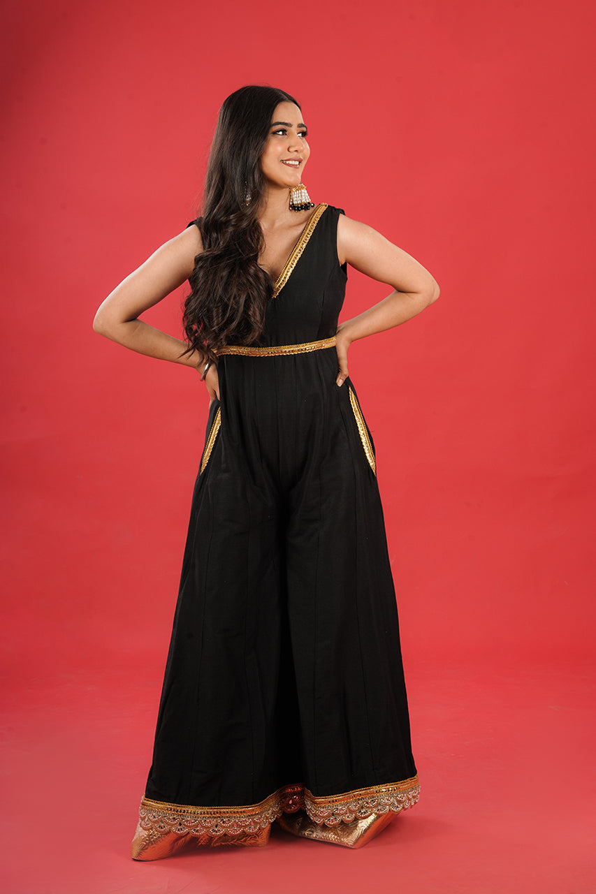 Black Silk Jumpsuit with Double Ghera and Mirror Lace