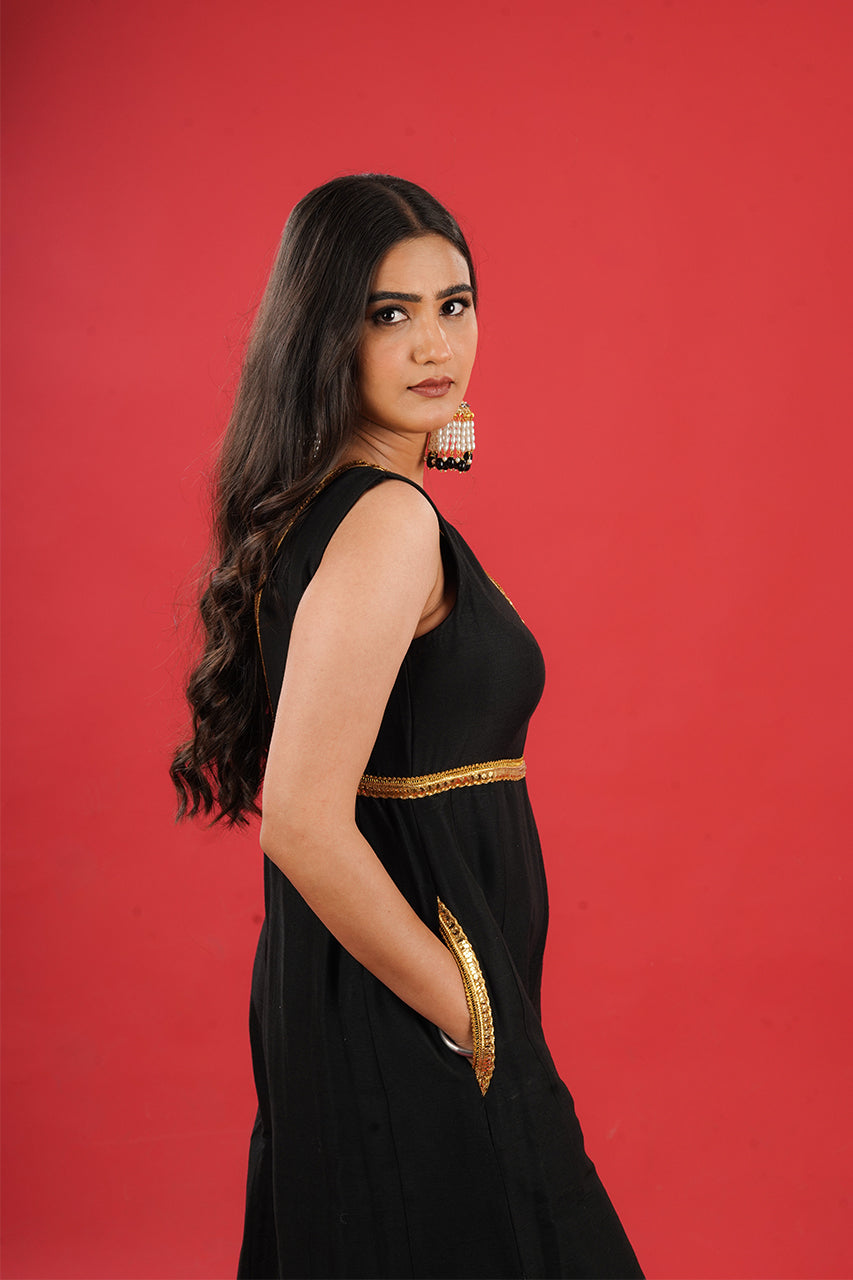 Black Silk Jumpsuit with Double Ghera and Mirror Lace