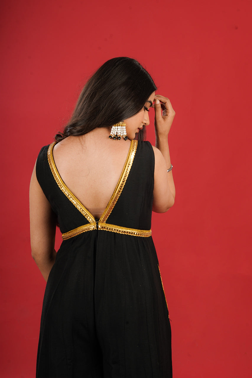 Black Silk Jumpsuit with Double Ghera and Mirror Lace