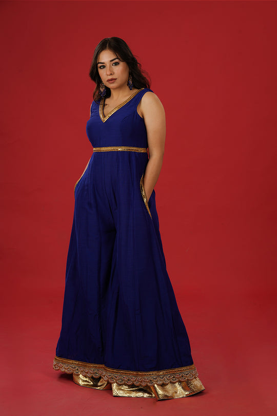 Royal Blue Silk Jumpsuit with Double Ghera and Mirror Lace