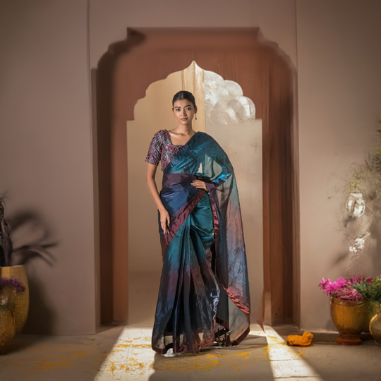 Blue Ombre Tissue Silk Pre Draped Saree