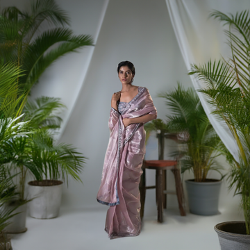 Powder Pink and Grey Pre Draped Saree