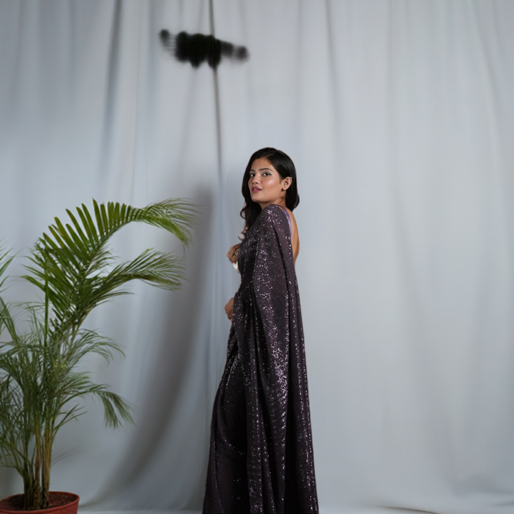 Purple Sequin Embroidered Draped Saree